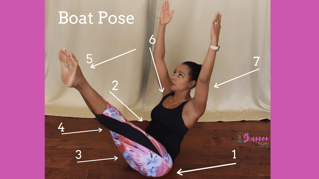 Shannon Thigpen displaying boat pose during home yoga workout for virtual class