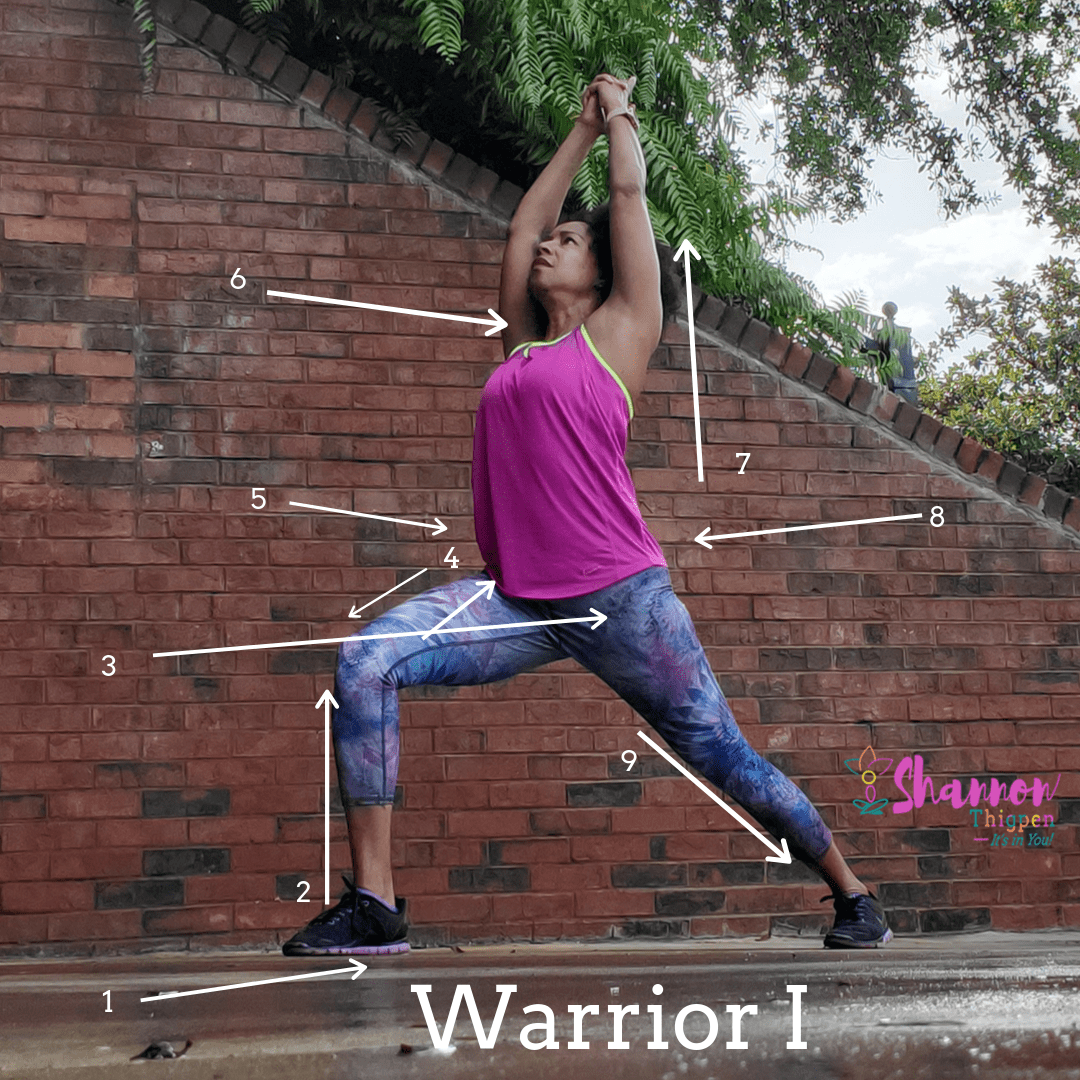 Tampa yoga instructor and fitness coach Shannon Thigpen displaying warrior 1 pose